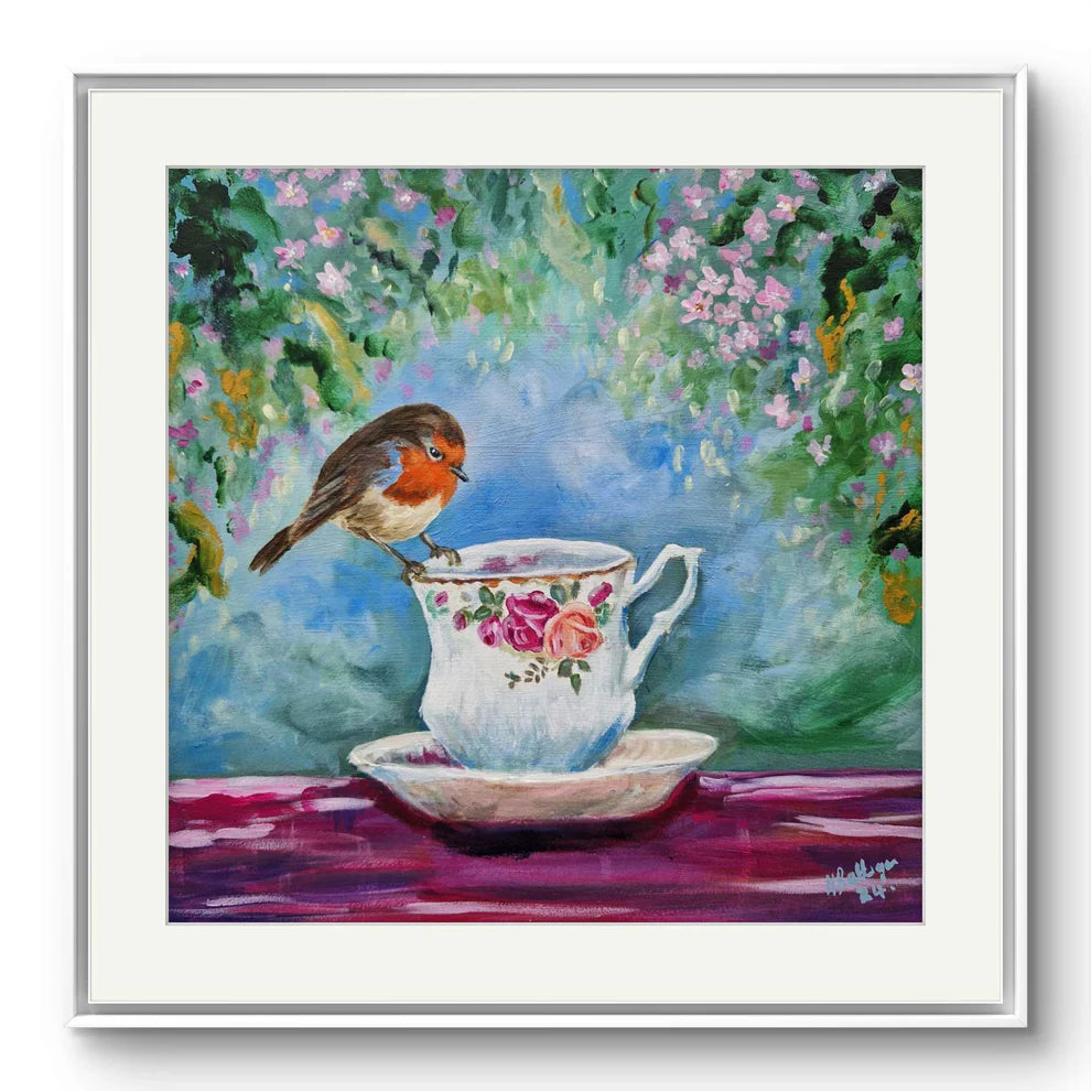 Framed Robin perched on a Country Roses teacup, 10'x10' limited edition print.
