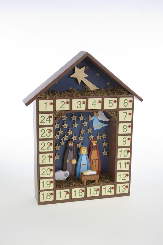 Wooden advent calendar with Nativity scene and stars