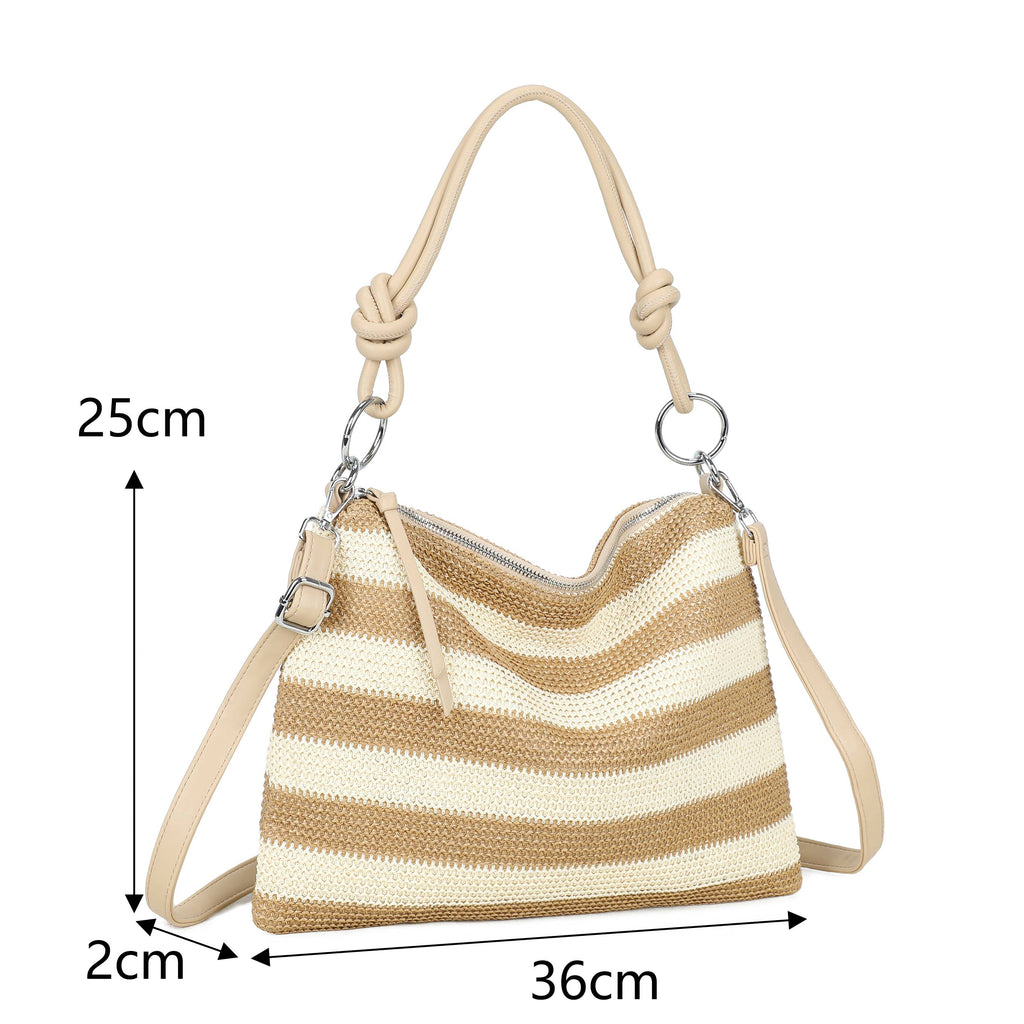 H681-4 Natural Straw Stripe Shoulder Bag with Knot Handle: Rainbow Green