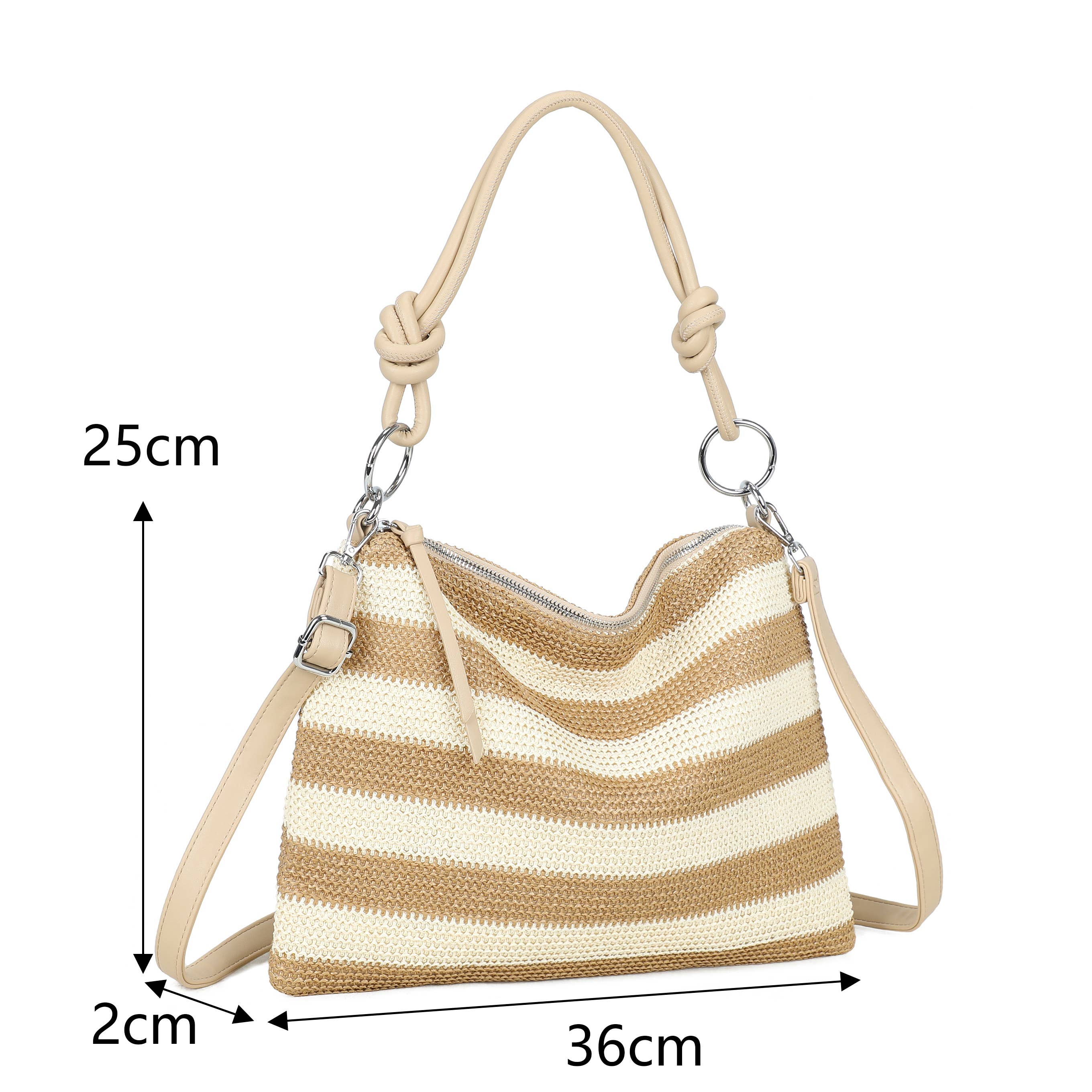 H681-4 Natural Straw Stripe Shoulder Bag with Knot Handle: Dark Rainbow