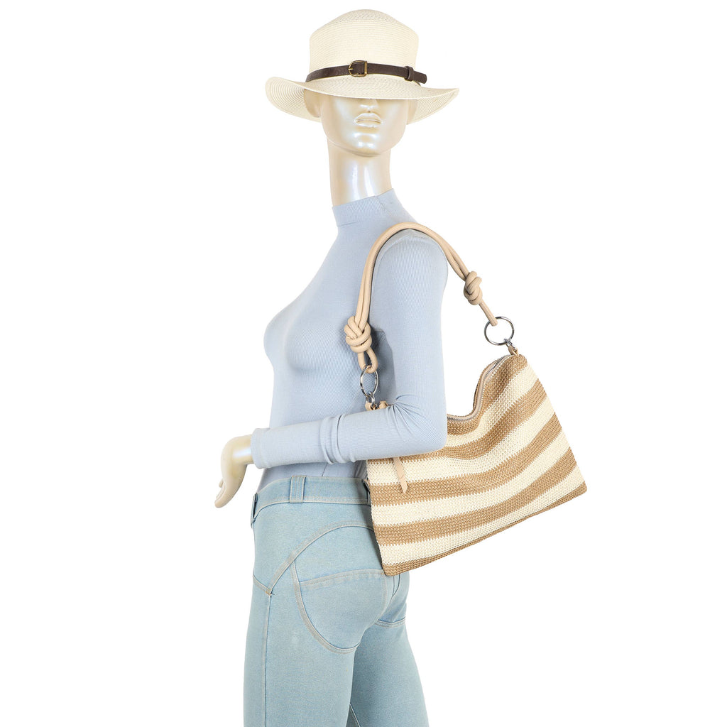 H681-4 Natural Straw Stripe Shoulder Bag with Knot Handle: Rainbow Green