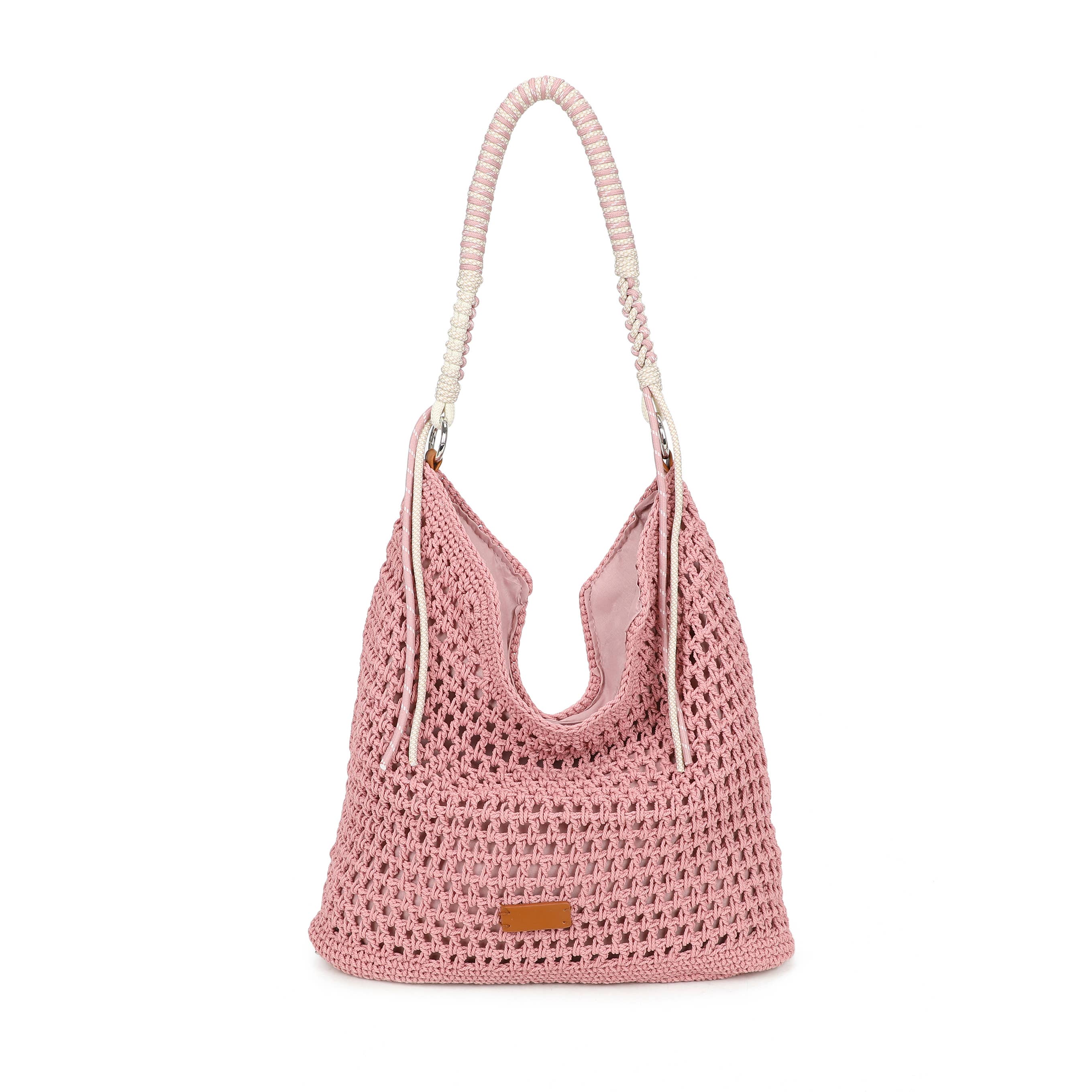 F9087 Crochet Hobo Bag with Rope Handle Detail: Rose