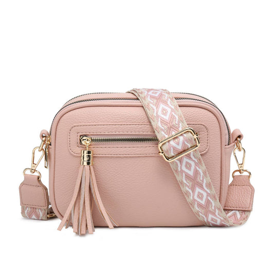 B23006 Cross Body Handbag with double zip top sections: Pink