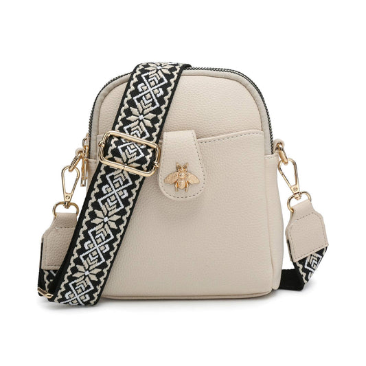B23001 Bee Cross Body Handbag with double zip top sections: Beige