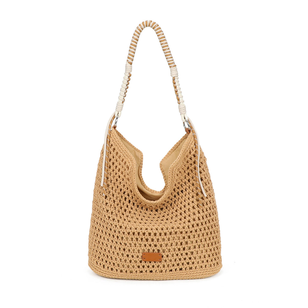 F9087 Crochet Hobo Bag with Rope Handle Detail: Rose