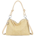 H681-4 Natural Straw Stripe Shoulder Bag with Knot Handle: Khaki