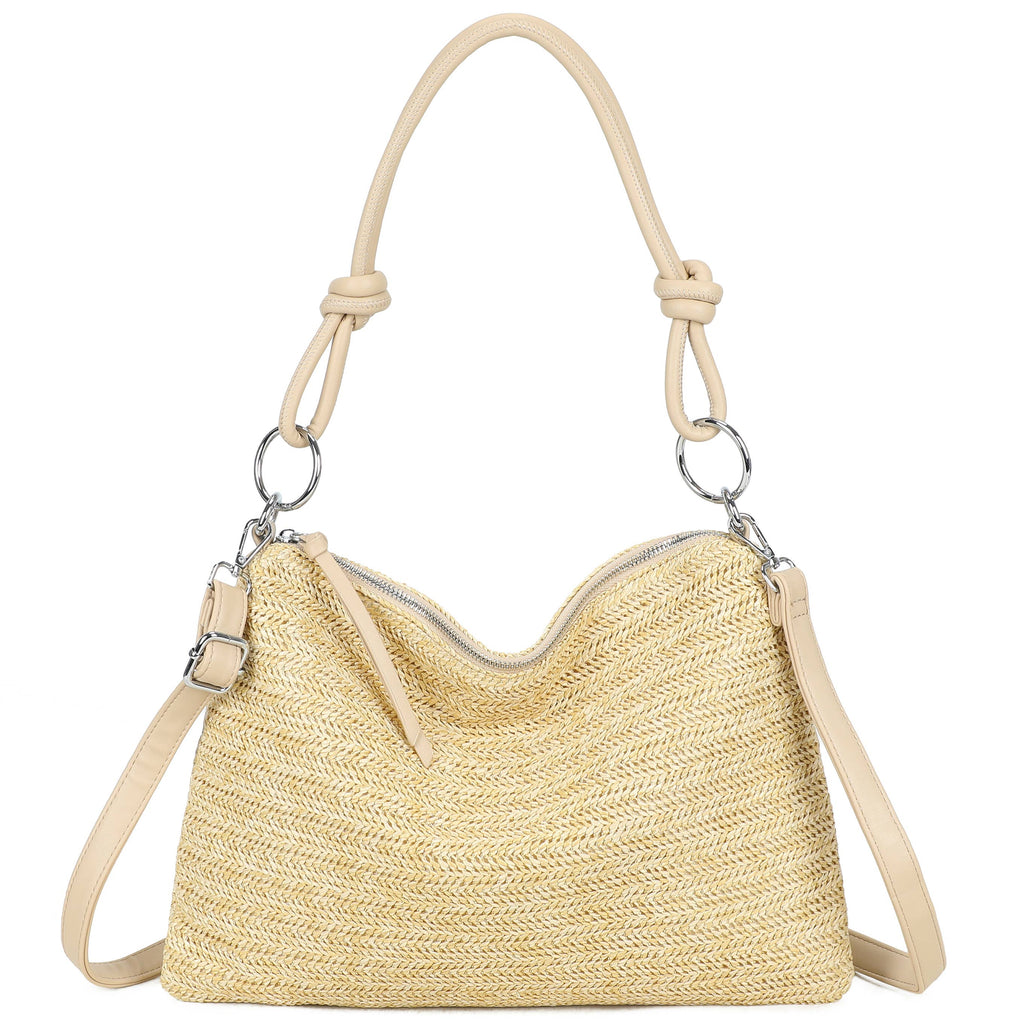 H681-4 Natural Straw Stripe Shoulder Bag with Knot Handle: Dark Rainbow