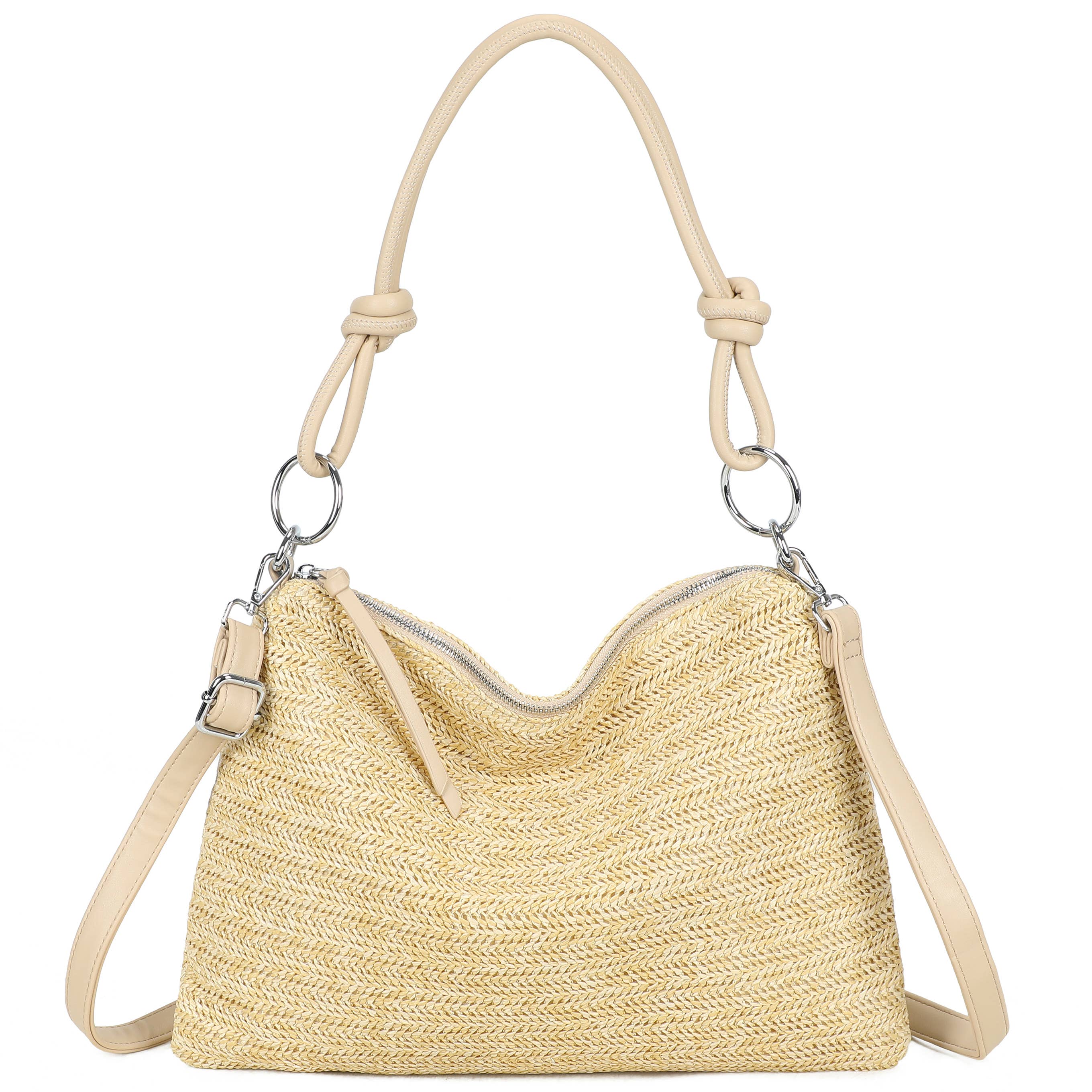 H681-4 Natural Straw Stripe Shoulder Bag with Knot Handle: Dark Rainbow