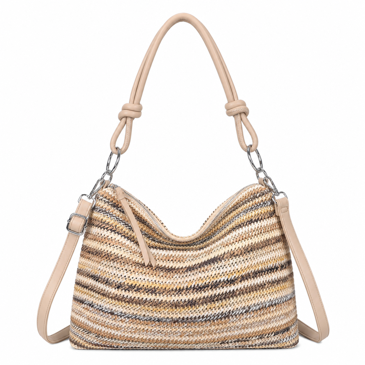 H681-4 Natural Straw Stripe Shoulder Bag with Knot Handle: Beige