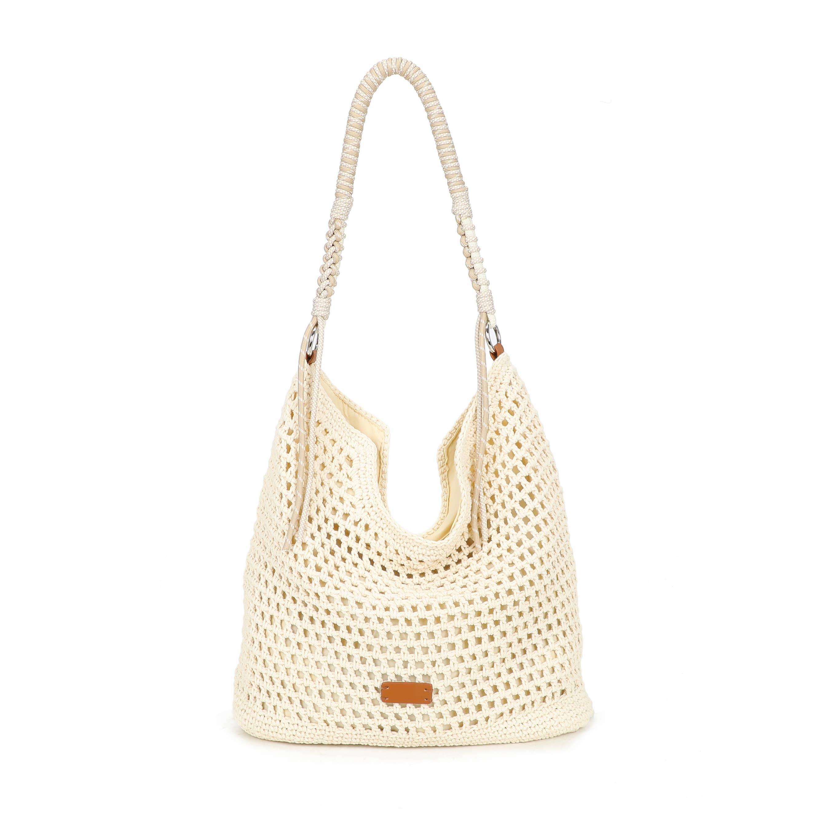 F9087 Crochet Hobo Bag with Rope Handle Detail: Rose