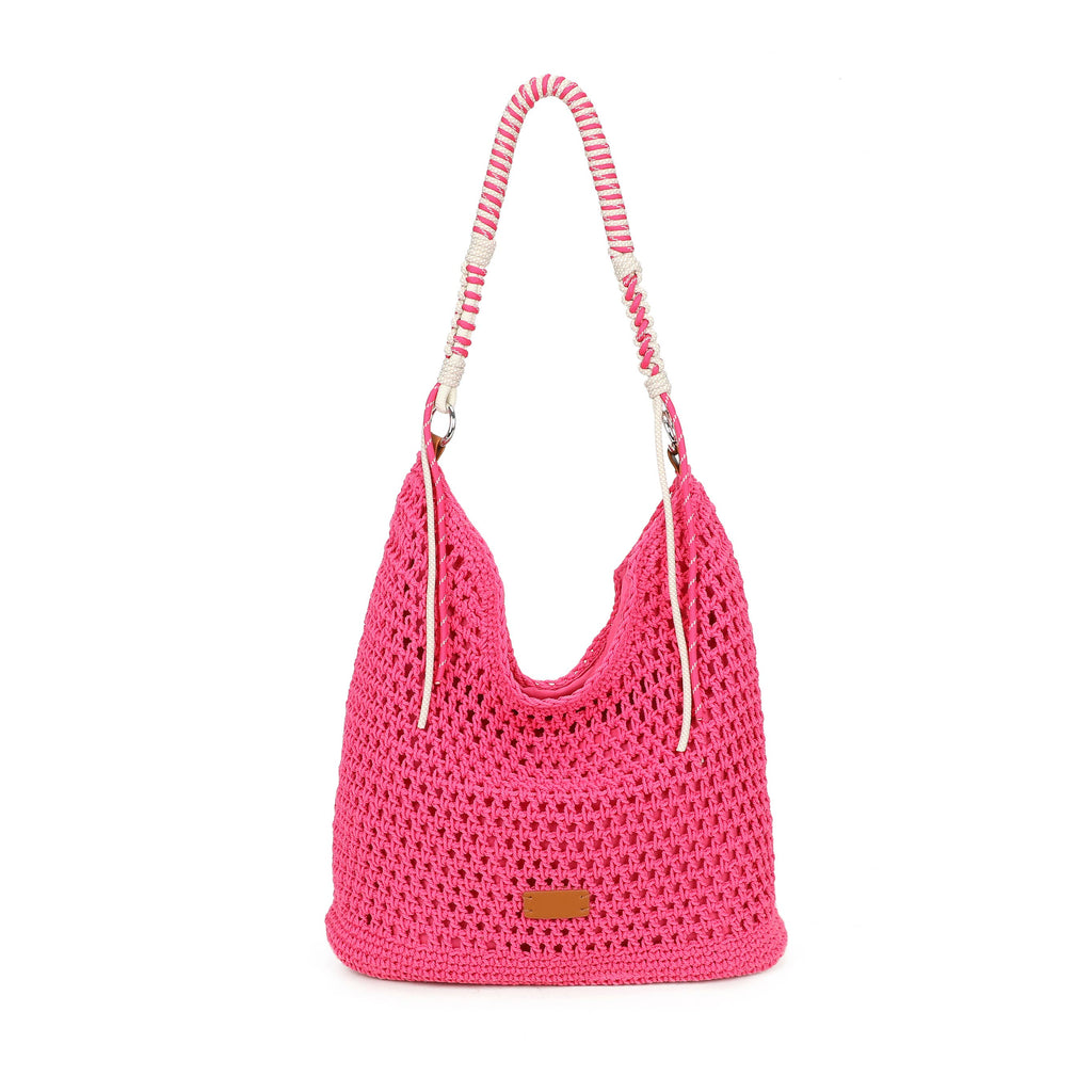 F9087 Crochet Hobo Bag with Rope Handle Detail: Rose