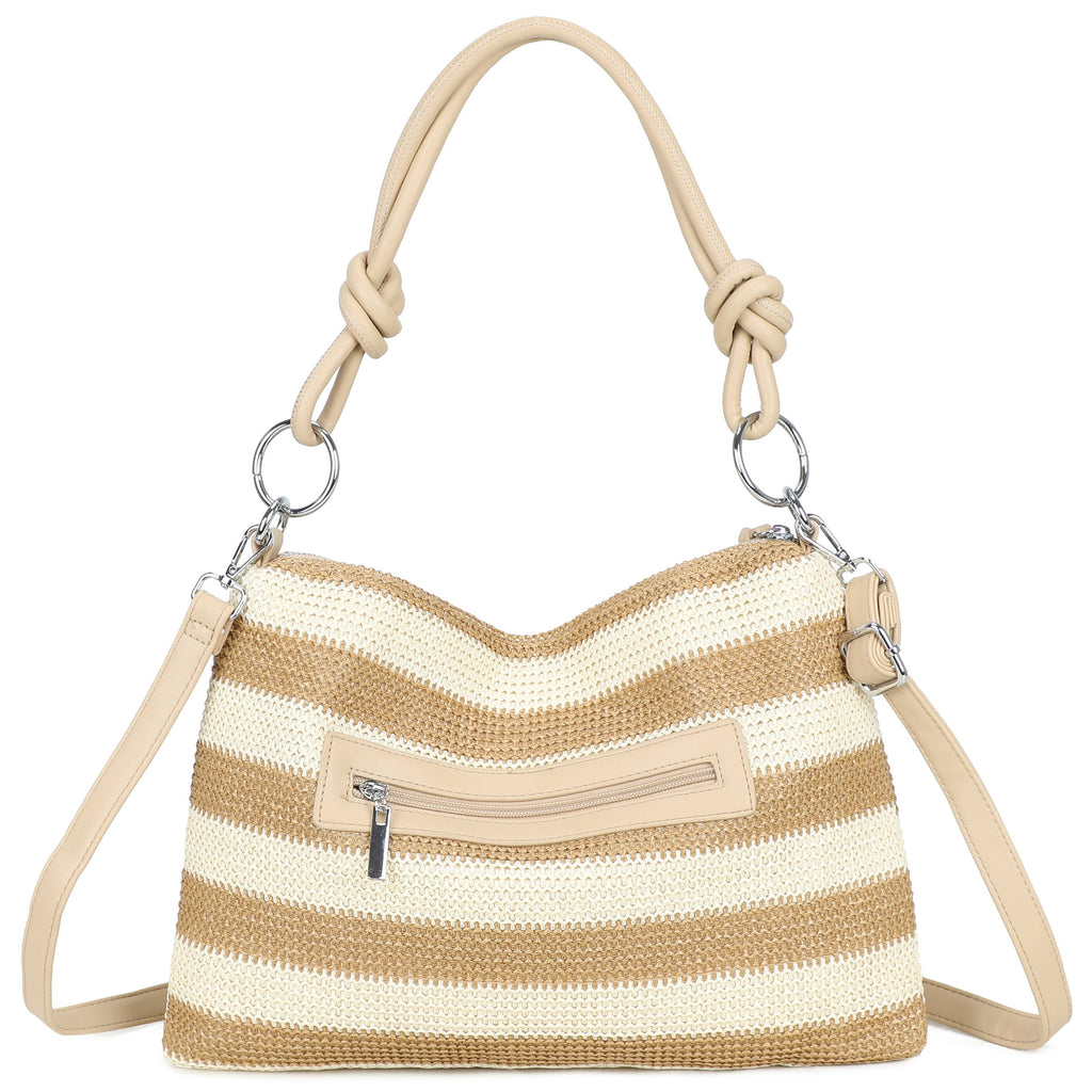 H681-4 Natural Straw Stripe Shoulder Bag with Knot Handle: Dark Rainbow