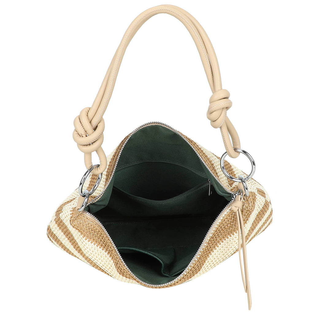 H681-4 Natural Straw Stripe Shoulder Bag with Knot Handle: Beige