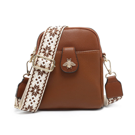 B23001 Bee Cross Body Handbag with double zip top sections: Dark Brown